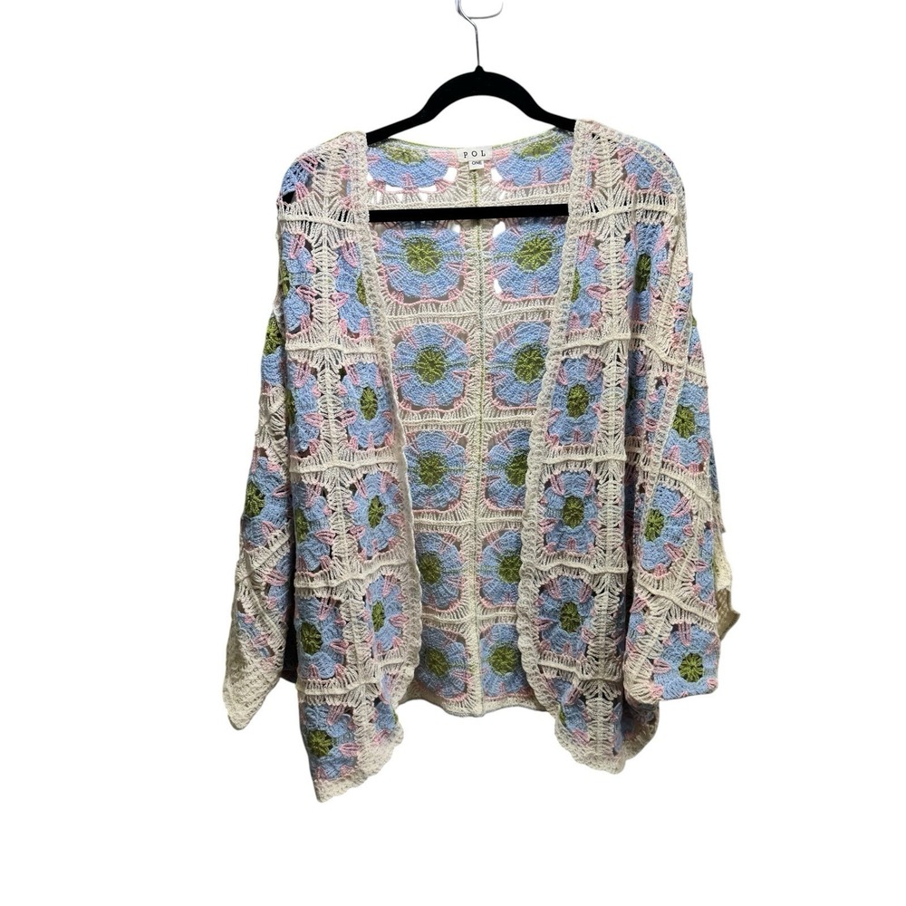 POL Square Crochet Open Front Floral Retro Granny Knit Cardigan One Size Pastel
